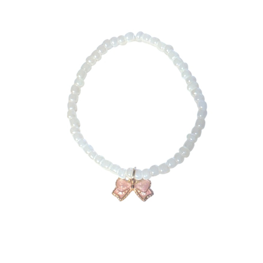 3 FOR $10 HANDCRAFTED Ivory White Seed Beaded Bracelet with Pink Bow Charm